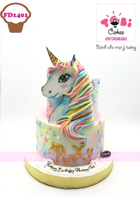 Bánh sinh nhật ngựa pony đẹp sắc màu cầu vồng nhất tặng bé gái 8101 - Bánh  fondant
