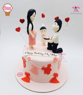 FD1625 - Bánh sinh nhật tặng vợ tạo hình vợ bầu xinh đẹp bên chồng và con gái