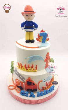 FD1662 - Bánh sinh nhật 2 tầng chủ đề chú lính cứu hỏa