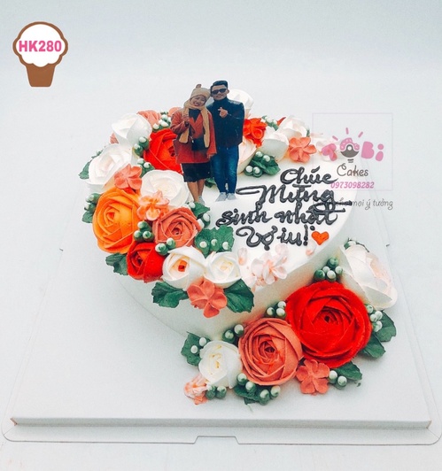 HK280 - Bánh hoa kem đỏ mừng sinh nhật vợ