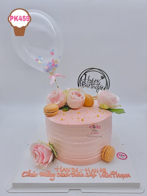 PK459 - Bánh sinh nhật trang trí hoa và bóng tông hồng