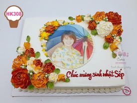 HK308 - Bánh in ảnh trang trí Hoa kem mừng sinh nhật Sếp