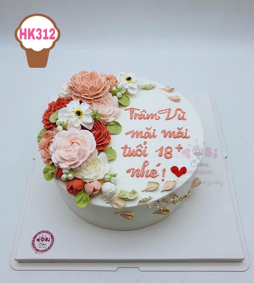 HK312 - Bánh sinh nhật em gái trang trí hoa kem tông hồng